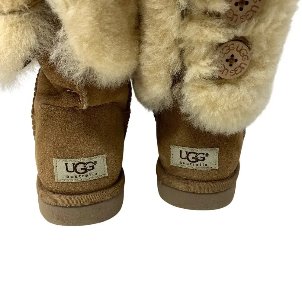 Ugg Over The Knee Bailey Button Sheepskin Boots Womens Sz 6 Brown Suede Cuffable